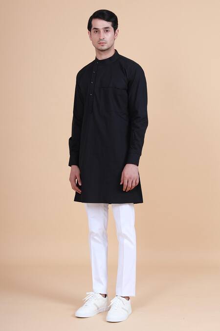 Buy_Raghavendra Rathore Blue_Black Cotton Plain Mandarin Collar Kurta _Online_at_Aza_Fashions