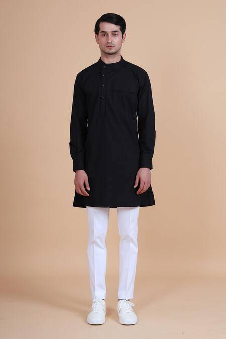 Shop_Raghavendra Rathore Blue_Black Cotton Plain Mandarin Collar Kurta _Online_at_Aza_Fashions