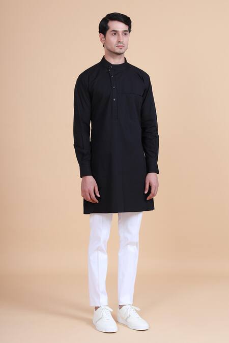 Raghavendra Rathore Blue_Black , Satin Plain Mandarin Collar Kurta Set_Online_at_Aza_Fashions
