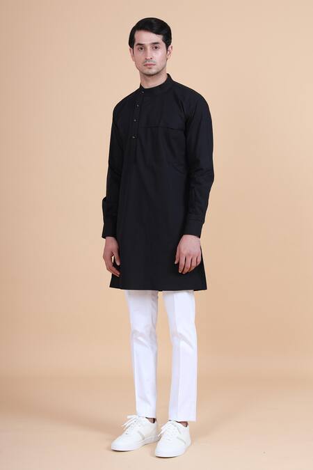 Shop_Raghavendra Rathore Blue_Black , Satin Plain Mandarin Collar Kurta Set_Online_at_Aza_Fashions