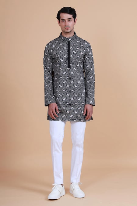 Raghavendra Rathore Blue Black Cotton Geometric Print Kurta 
