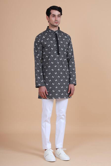 Raghavendra Rathore Blue_Black Cotton Geometric Print Kurta _Online_at_Aza_Fashions