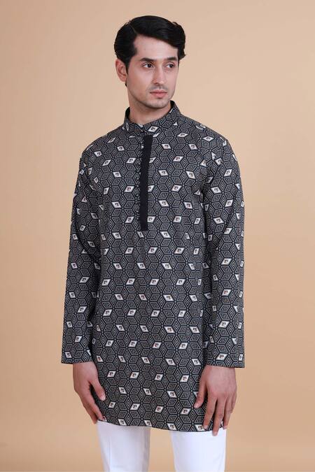 Buy_Raghavendra Rathore Blue_Black Cotton Geometric Print Kurta _Online_at_Aza_Fashions