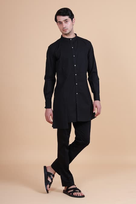 Raghavendra Rathore Blue Black Cotton Plain Mandarin Collar Kurta 