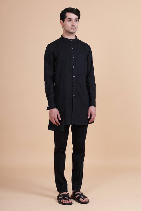 Raghavendra Rathore Blue_Black Cotton Plain Mandarin Collar Kurta _Online_at_Aza_Fashions