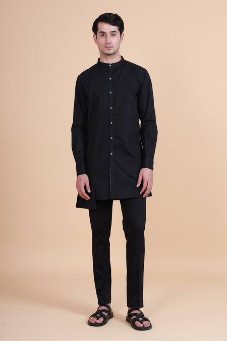 Buy_Raghavendra Rathore Blue_Black Cotton Plain Mandarin Collar Kurta _Online_at_Aza_Fashions