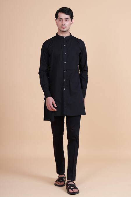 Shop_Raghavendra Rathore Blue_Black Cotton Plain Mandarin Collar Kurta _Online_at_Aza_Fashions