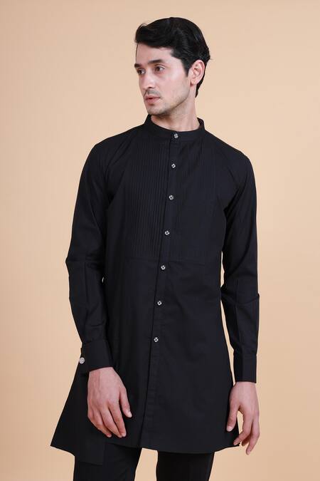 Raghavendra Rathore Blue_Black Cotton Plain Mandarin Collar Kurta _at_Aza_Fashions