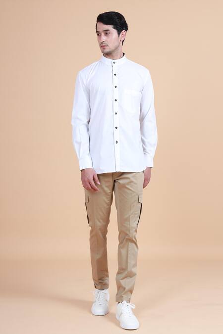 Raghavendra Rathore Blue_White Cotton Plain Mandarin Collar Shirt _Online_at_Aza_Fashions