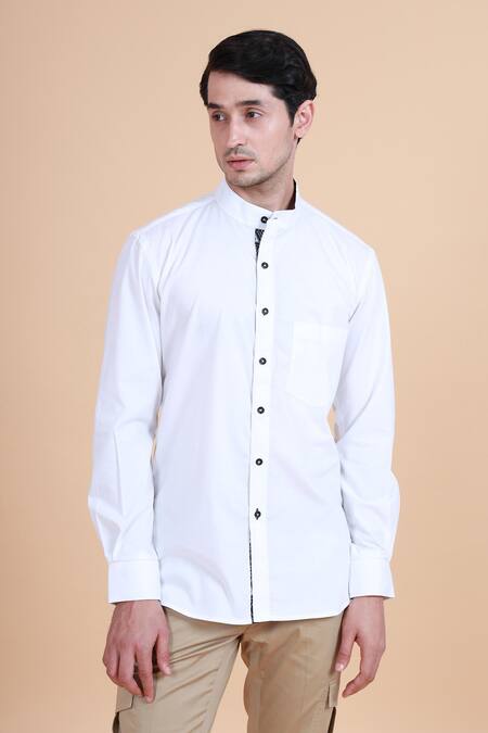 Raghavendra Rathore Blue_White Cotton Plain Mandarin Collar Shirt _at_Aza_Fashions