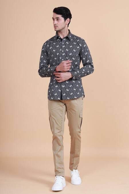 Buy_Raghavendra Rathore Blue_Grey Cotton Geometric, Tiger Print Shirt_Online_at_Aza_Fashions