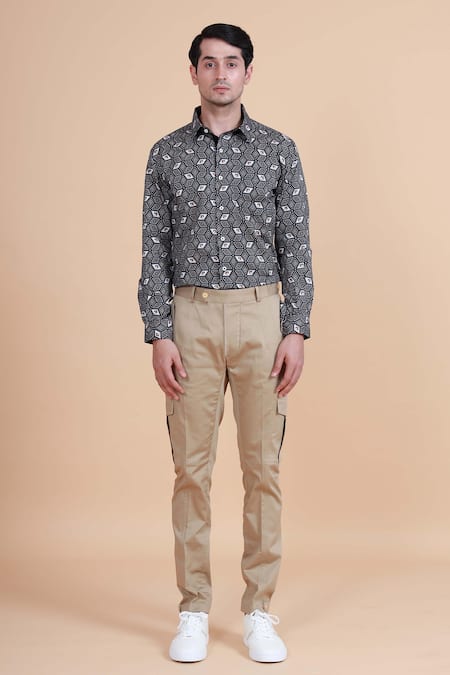 Shop_Raghavendra Rathore Blue_Grey Cotton Geometric, Tiger Print Shirt_Online_at_Aza_Fashions