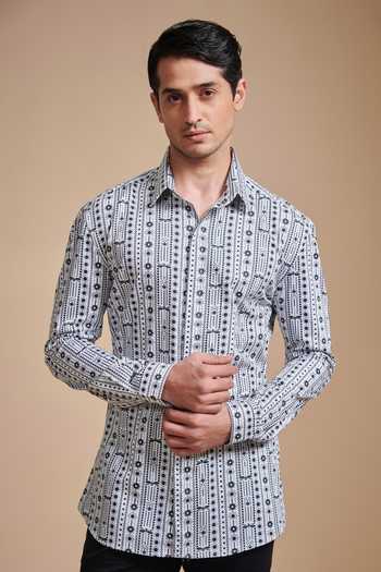 Raghavendra Rathore Blue_White Cotton Geometric Print Shirt _Online_at_Aza_Fashions