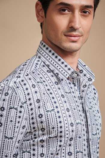 Shop_Raghavendra Rathore Blue_White Cotton Geometric Print Shirt _Online_at_Aza_Fashions