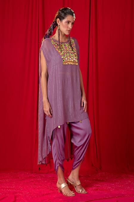 Shop_Enech_Purple Shimmer Georgette Jhalar Kimono Tunic And Tulip Pant Set  _Online_at_Aza_Fashions