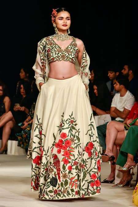 Varun Bahl White Raw Silk Embroidered Floral V Neck Bridal Lehenga Set 