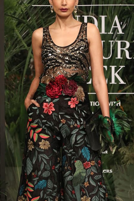 Shop_Varun Bahl_Black Tulle, Rayon Velvet Floral Scoop Neck Sheer Top And Printed Trousers Set _at_Aza_Fashions