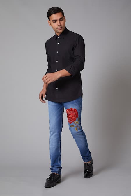Rohit Bal Blue Denim Floral Motif Regular Fit Jeans