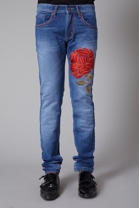 Rohit Bal_Blue Denim Floral Motif Regular Fit Jeans _Online_at_Aza_Fashions
