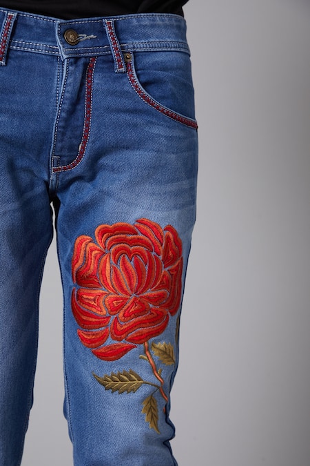 Buy_Rohit Bal_Blue Denim Floral Motif Regular Fit Jeans _Online_at_Aza_Fashions