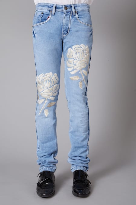 Rohit Bal_Blue Denim Floral Motifs Embroidered Jeans _Online_at_Aza_Fashions