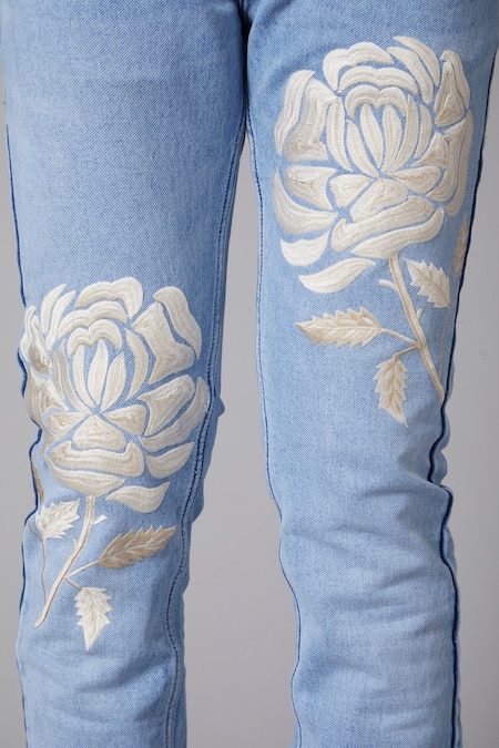 Buy_Rohit Bal_Blue Denim Floral Motifs Embroidered Jeans _Online_at_Aza_Fashions