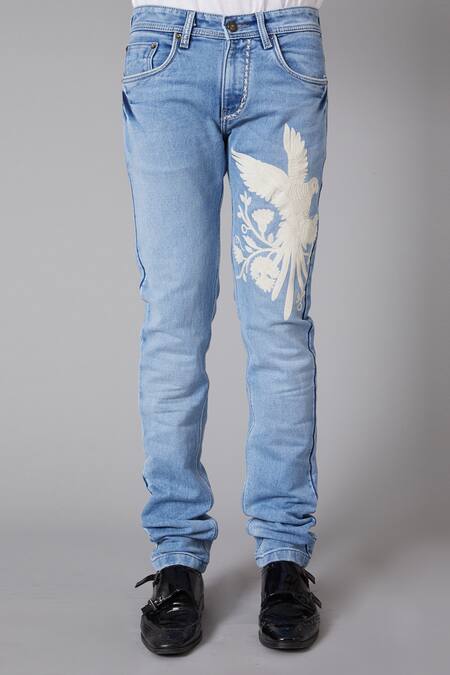 Rohit Bal_Blue Denim Bird Motif Regular Fit Jeans _Online_at_Aza_Fashions