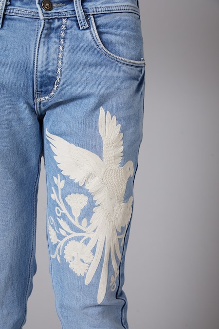 Buy_Rohit Bal_Blue Denim Bird Motif Regular Fit Jeans _Online_at_Aza_Fashions