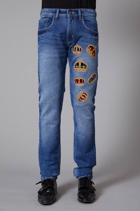 Rohit Bal_Blue Denim Crown Motif Embroidered Jeans _Online_at_Aza_Fashions