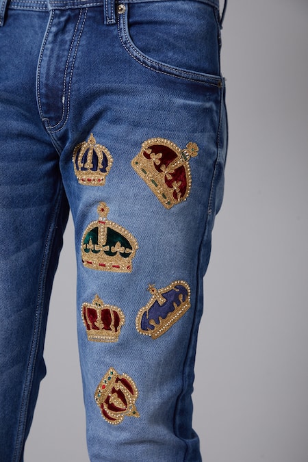 Buy_Rohit Bal_Blue Denim Crown Motif Embroidered Jeans _Online_at_Aza_Fashions