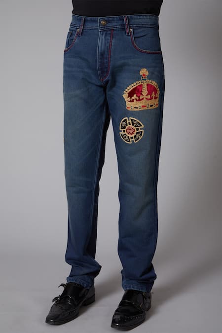 Rohit Bal_Blue Denim Crown Motif Regular Fit Jeans _Online_at_Aza_Fashions