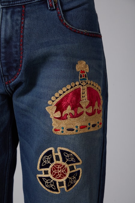 Buy_Rohit Bal_Blue Denim Crown Motif Regular Fit Jeans _Online_at_Aza_Fashions