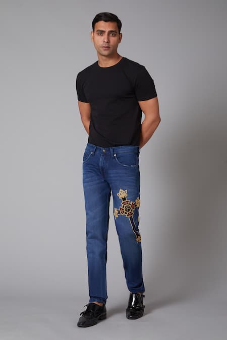 Rohit Bal Blue Denim Cross Sign Motif Regular Fit Jeans 