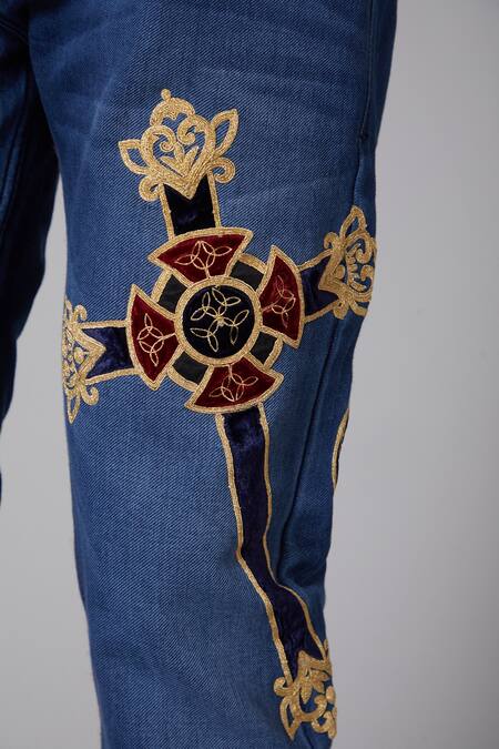 Buy_Rohit Bal_Blue Denim Cross Sign Motif Regular Fit Jeans _Online_at_Aza_Fashions
