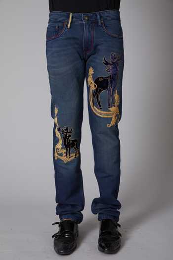 Rohit Bal_Blue Denim Reindeer Embroidered Jeans _Online_at_Aza_Fashions