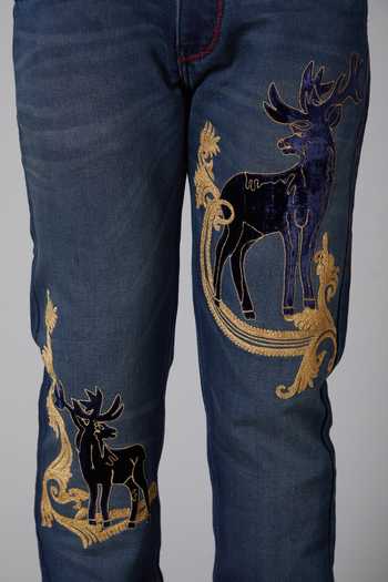 Buy_Rohit Bal_Blue Denim Reindeer Embroidered Jeans _Online_at_Aza_Fashions