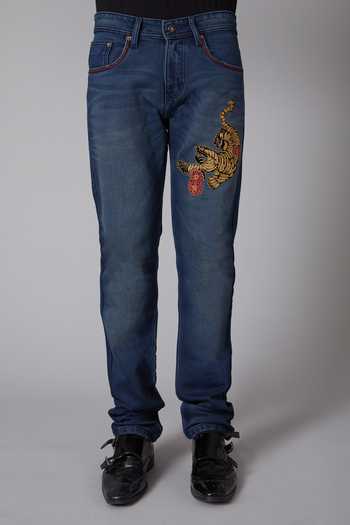 Rohit Bal_Blue Denim Tiger Motif Regular Fit Jeans _Online_at_Aza_Fashions
