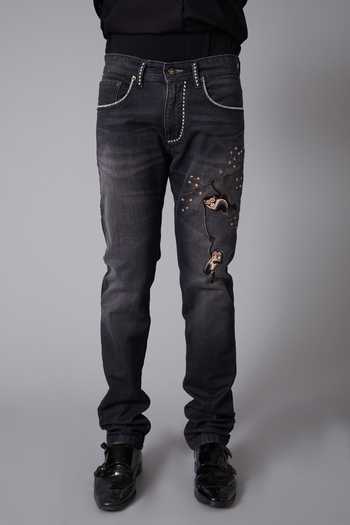 Rohit Bal_Grey Denim Monkey Motif Regular Fit Jeans _Online_at_Aza_Fashions