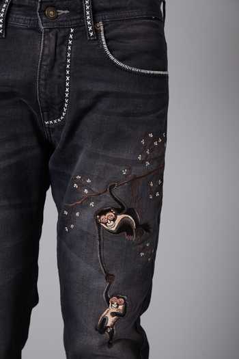 Buy_Rohit Bal_Grey Denim Monkey Motif Regular Fit Jeans _Online_at_Aza_Fashions
