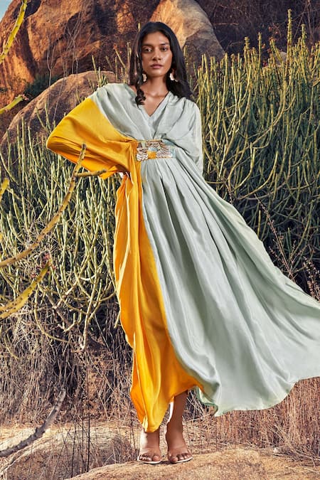 Archana Shah Yellow Habutai Silk Embroidered Sequin V Neck Colorblock Kaftan 