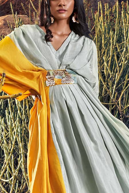 Shop Archana Shah Yellow Habutai Silk Sequin V Neck Colorblock Kaftan at Aza Fashions Shop_Archana Shah_Yellow Habutai Silk Sequin V Neck Colorblock Kaftan _at_Aza_Fashions