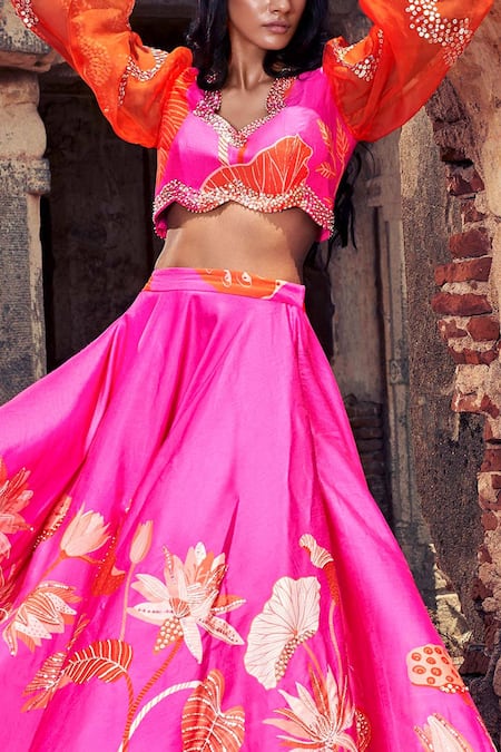 Archana Shah_Pink Organza, Bemberg Silk Sequin V Neck Lehenga And Puff Sleeve Blouse Set _Online_at_Aza_Fashions