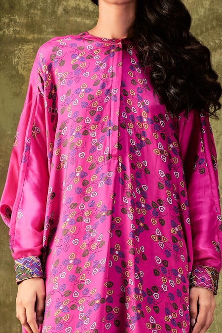 Shop_Punit Balana_Pink Satin Silk Mandarin Collar Printed Tunic And Pant Set _at_Aza_Fashions