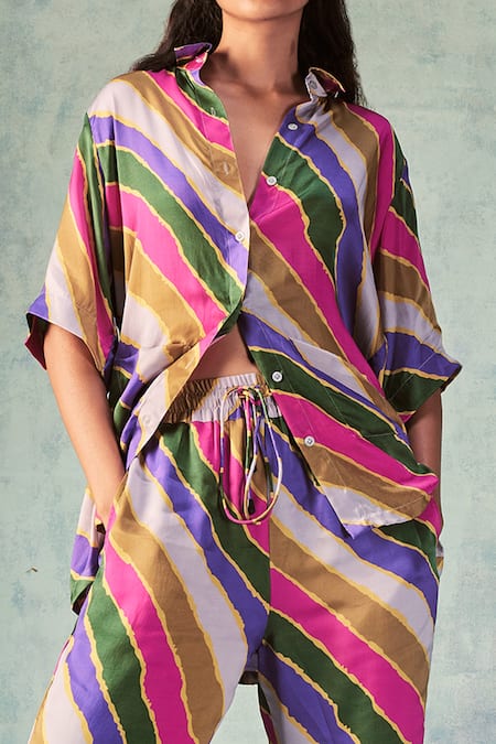 Shop_Punit Balana_Multi Color Satin Silk Striped Shirt Collar Pant Set _at_Aza_Fashions