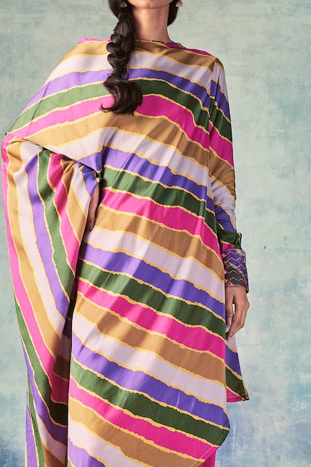 Shop_Punit Balana_Multi Color Satin Silk Resham Work Straight Stripes Print Tunic And Cowl Pant Set _at_Aza_Fashions