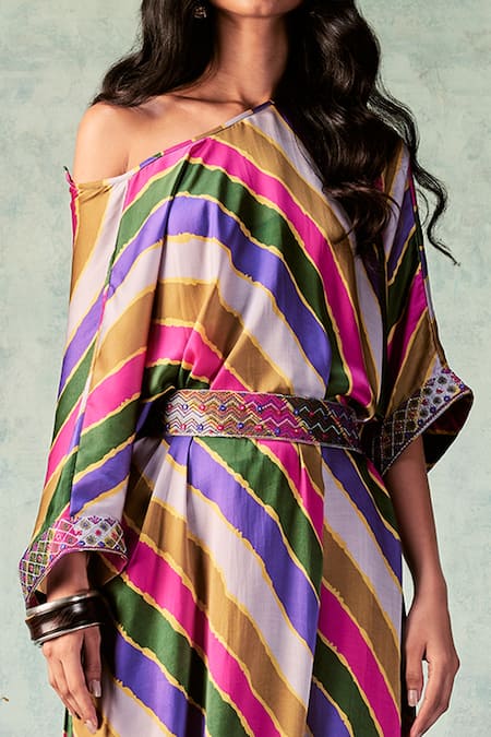 Punit Balana Stripes Print Dress With Resham Work Belt 