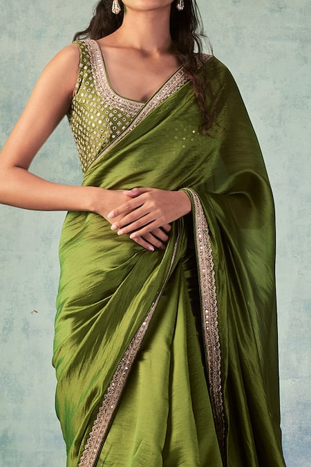 Shop_Punit Balana_Green Organza Silk Dori And Mirror Work Scoop Neck Saree With Blouse _at_Aza_Fashions
