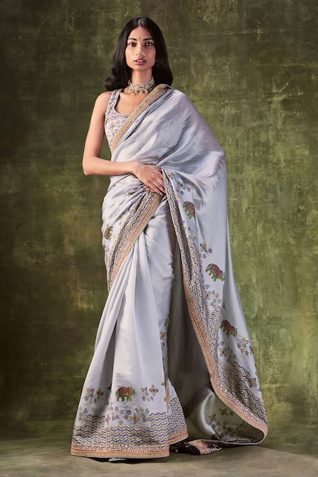Buy REDFISH Chiffon Silver Lining Foil Party Light Wear Leriya striped  simpal silver tample border Saree With Blouse at Amazon.in