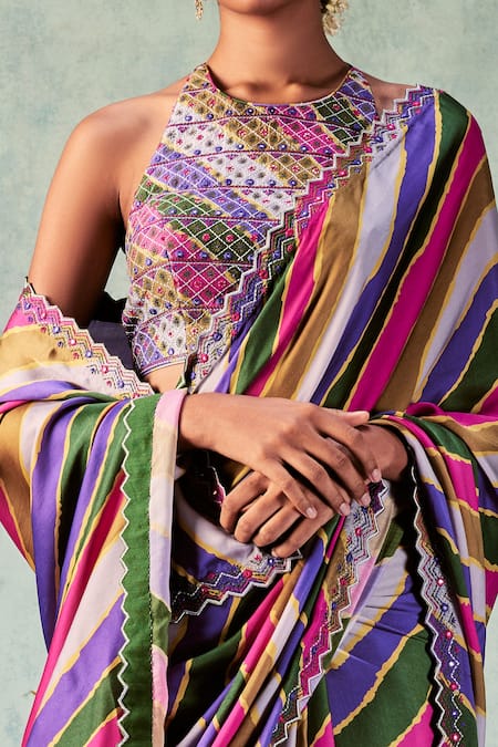 Shop_PUNIT BALANA_Multi Color Satin Silk Printed Resham And Coin Work Striped Saree With Blouse  _at_Aza_Fashions