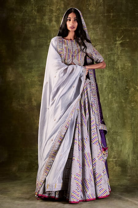 PUNIT BALANA Grey Chanderi Silk Printed Geometric Round Lehenga Set